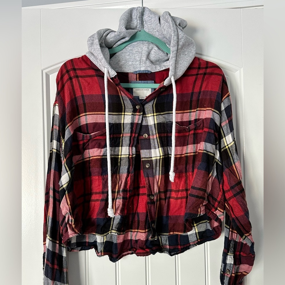 American Eagle Cropped Hooded Flannel